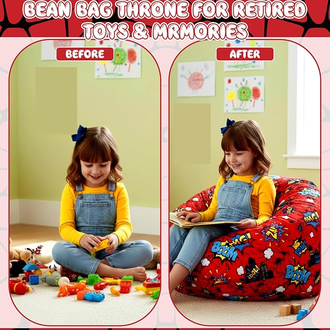 Boao Spider Stuffed Animal Storage Bean Bag Chair Cover (No Filler) Washable Canvas Beanbag Chair Bean Bag Cover with Zipper for Organizing Plush Toys or Textile, Sack Beanbag for Adults
