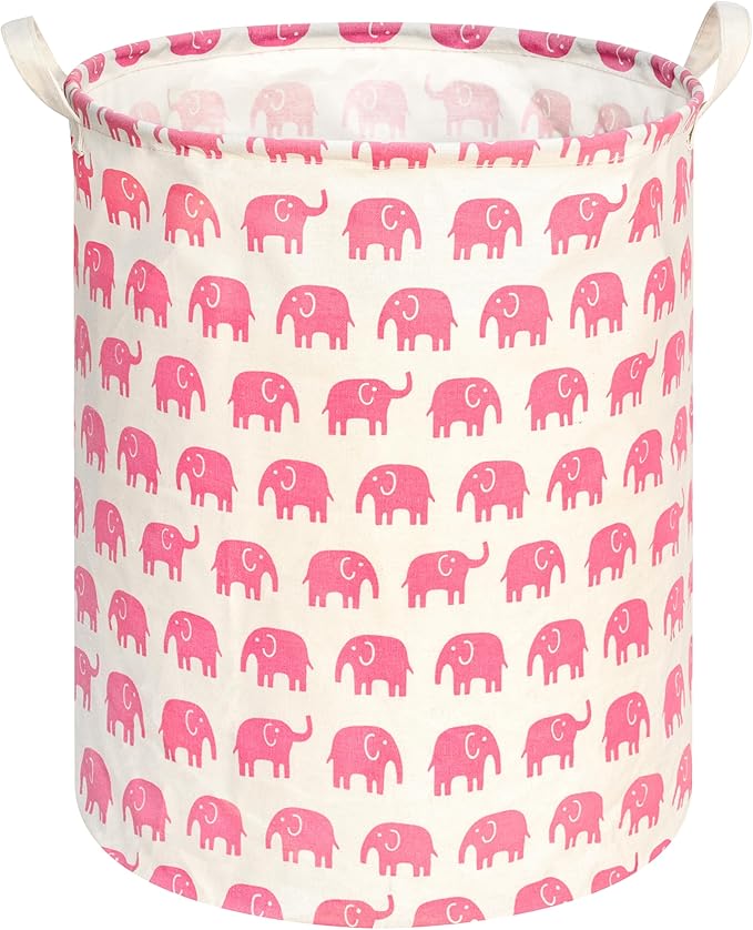 KUNRO Round Laundry Gift Basket Storage Hamper, Kids Toys and Clothes Storage Organizer Bins, Toy Shelf Basket with Handles for Room Decor (Pink Elephant)