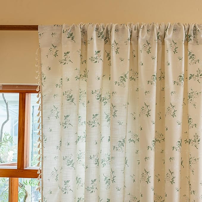 ENJOYBRIDAL White Floral 96 Inch Curtains 2 Panel Set Bedroom Tassel Drapes Boho Decor Semi Sheer Long Window Curtain Panels Living Room Rod Pocket Patterned Cute Rustic Window Treatments