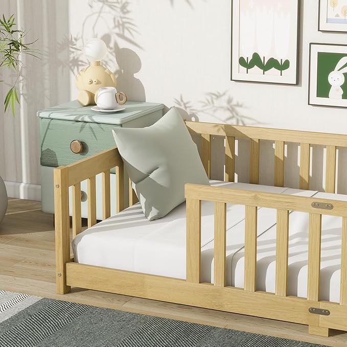 Twin Size Floor Bed for Kids, Wood Montessori Floor Beds with Fence Railings and Slats Support, Twin Playhouse Bed Frame for Boys Girls, No Box Spring Needed, Natural