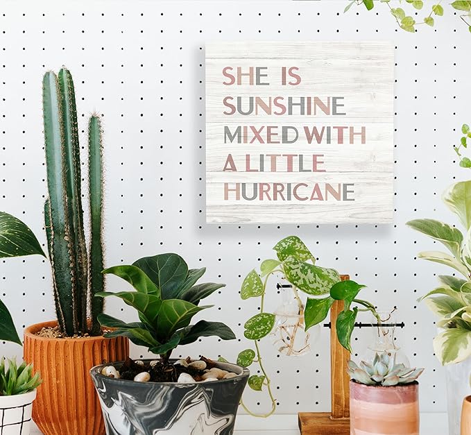 SRADMO She Is Sunshine Mixed with a Little Hurricane Boho Wood Box Sign Desk Decor 8x8, Baby Girls Inspirational Quotes Wooden Block Box Sign Decoration For Girls Room Nursery Playroom Table Decor