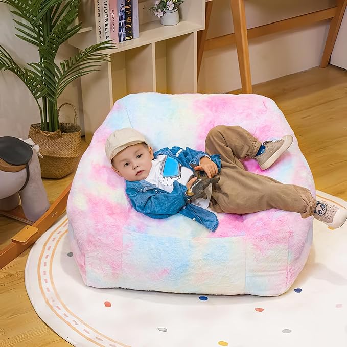 Bean Bag Chairs for Kids, 27" Modern Rainbow Colors Beanbag Sofa with Sponge Filling & Comfy Soft Faux Fur, Kids Teens Bean Bags Chair Sofa for Bedroom, Living Room, Set of 2(Colorful)