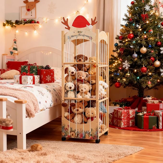 Stuffed Animal Storage,Christmas Reindeer Stuffed Animal Organizer, Movable Stuffed Animal Holder with Elastic Cords for Nursery Playroom Kidroom Bedroom