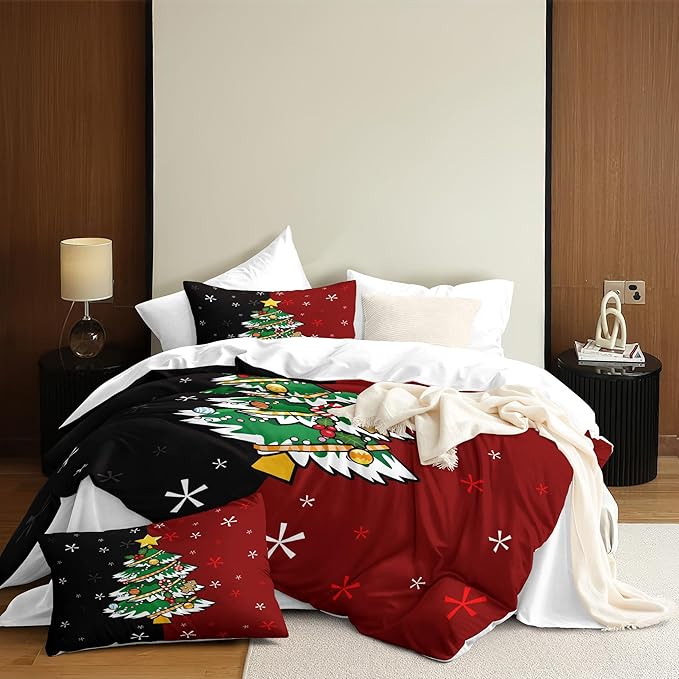 Christmas Duvet Cover King Size Black Red Christmas Tree Bedding Set Kids Boys Girls Xmas Couple Holiday Comforter Cover 3 Pieces with Zipper Closure (No Comforter)