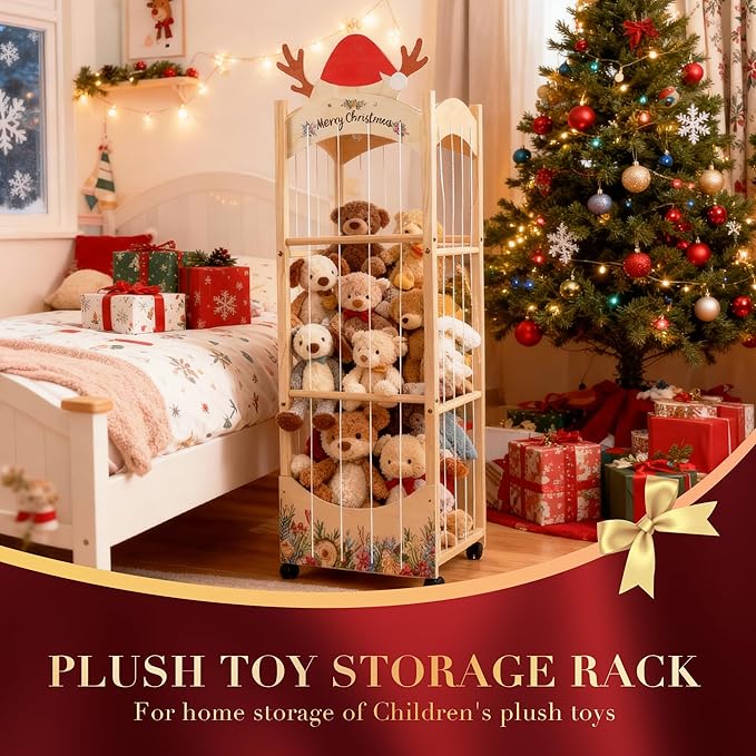 Stuffed Animal Storage,Christmas Reindeer Stuffed Animal Organizer, Movable Stuffed Animal Holder with Elastic Cords for Nursery Playroom Kidroom Bedroom