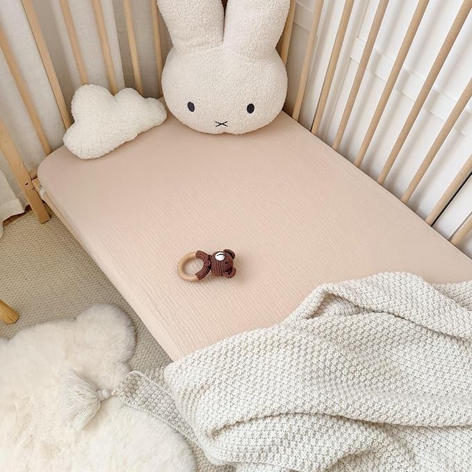 BuLuTu 100% Cotton Fitted Baby Bed Sheets Set of 2, Soft Breathable Muslin Crib Sheets for Standard Crib Mattress Toddler Mattress 52"x28", Machine Washable, Beige & Camellia