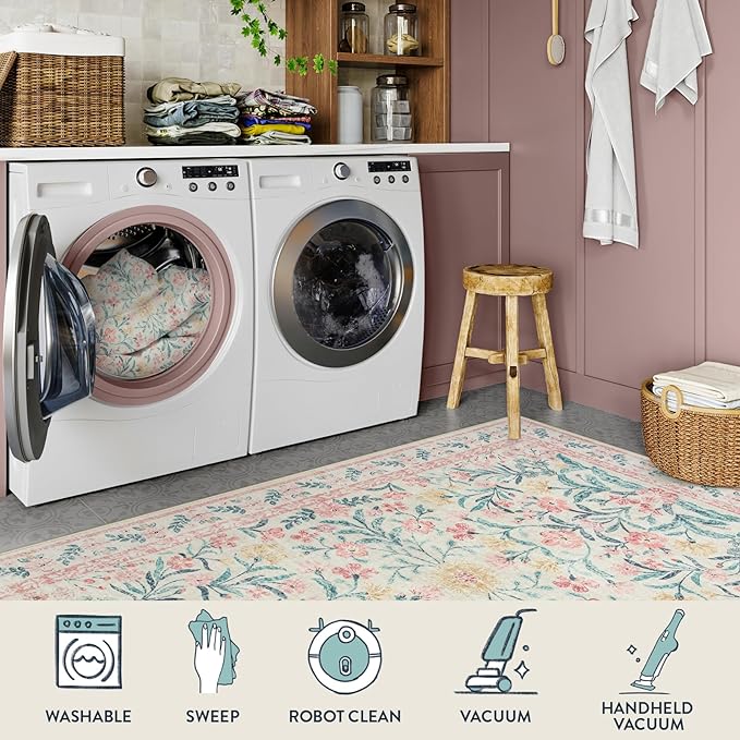 Lahome Pink Washable Rugs for Bedroom Girls 6x9, Boho Floral Living Room Rugs Non-Slip, Soft Low-Pile Nursery Carpet for Dining Room Kids Dorm Decor, Blush