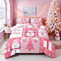 Xmas Bedding Set Full Size,Snowman Christmas Tree Snowflake Comforter Set for Kids Boys Girls Room Decor,Pink Plaid Patchwork Duvet Insert 3Pcs,Merry Christmas Cartoon Quilt Set,2 Pillowcases