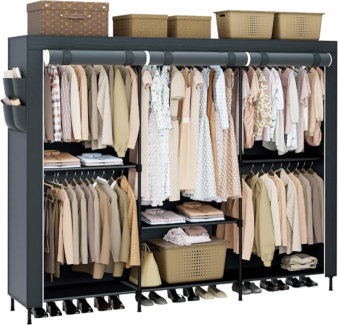 Clothes Rack, Portable Closet, 81.5 Inch Large Capacity Wardrobe Closet, Clothes Storage Organizer with Shelves and 5 Hanging Rods, Easy to Assembly, Grey PCT136G01