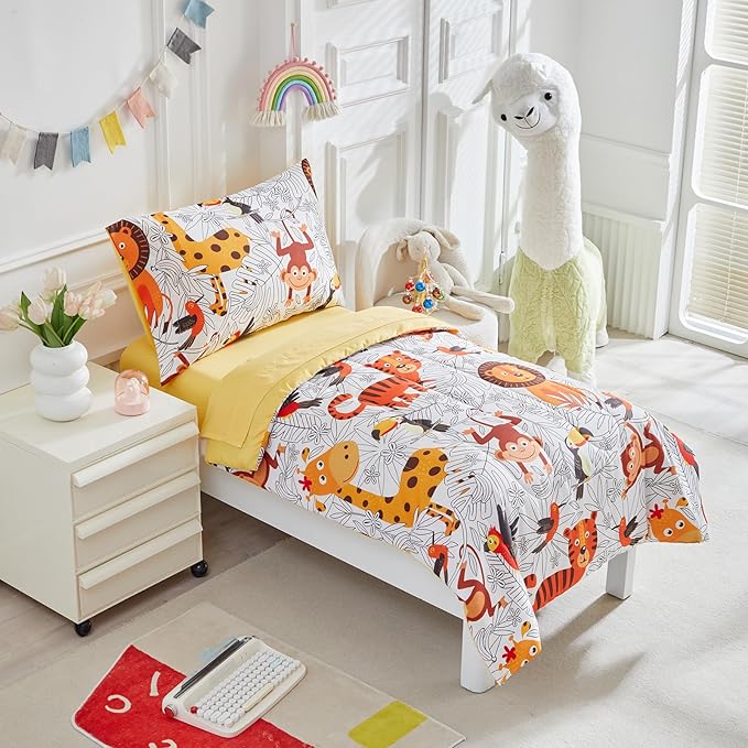 4 Pieces Toddler Bedding Set for Boys Girls - Cartoon Jungle Animals Print White Bed in a Bag - Colorful Comforter Set With Lion, Tiger, Monkey and Giraffe - Orange Yellow