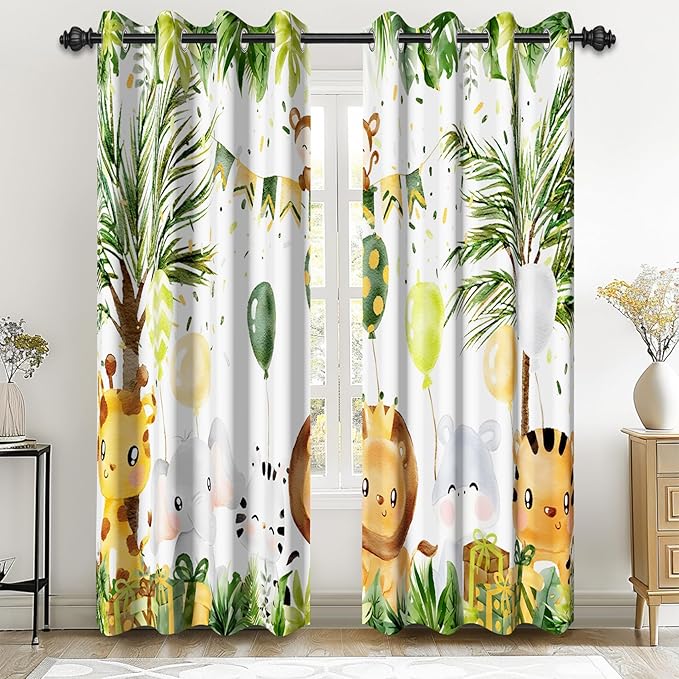 Renaiss 52 x 84 Inch Rainforest Safari Animal Curtains African Jungle Tropical Lions Tigers Elephants Giraffes Palm Trees Pattern Polyester Fabric Grommet Window Drapes for Nursery Bedroom 2 Panels
