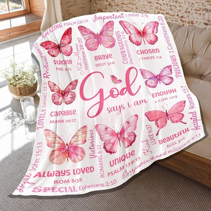 Butterfly Bible Verse Blanket, Inspirational Scripture Religious Gifts for Christian, Warm Soft Flannel Bible Throw for Bed Sofa Decoration 60"x80" for Adult