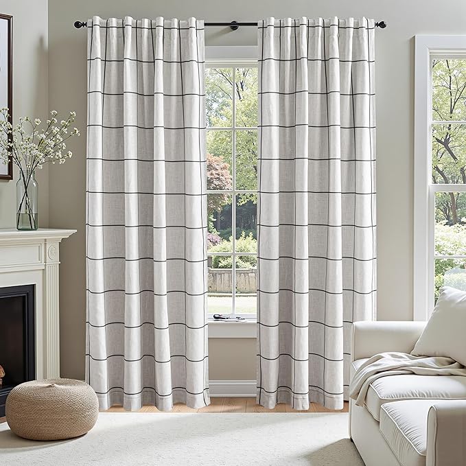 MYSKY HOME 100% Blackout Plaid Farmhouse Linen Curtains 84 Inch Long 2 Panels Set for Living Room Double Layer Windowpane Drapes Thermal Insulated Privacy Protection Rod Pocket Back Tab, 52" W, Black