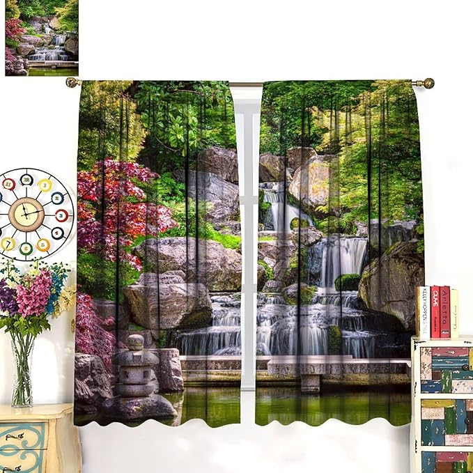 View Waterfall Blackout Curtains, Forest Waterfall Retro Style Natural Scenery Garden Art Landscape Rod Pocket Window Drapes, for Living Room Bedroom 42" W X 63" L