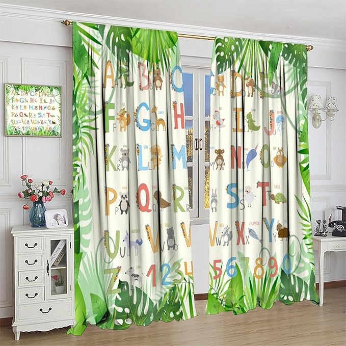 Kids Animal Alphabet Curtain Tropical Plant Alphabet Educational Printed Rod Pocket Blackout Window Drapes for Bedroom Living Room Nursery School 42" W X 54" L