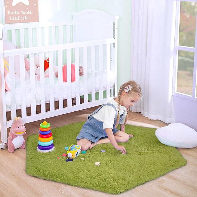 junovo Ultra Soft Rug for Nursery Children Room Baby Room Home Decor Dormitory Hexagon Carpet for Playhouse Princess Tent Kids Play Castle, Diameter 4.6 ft, Green