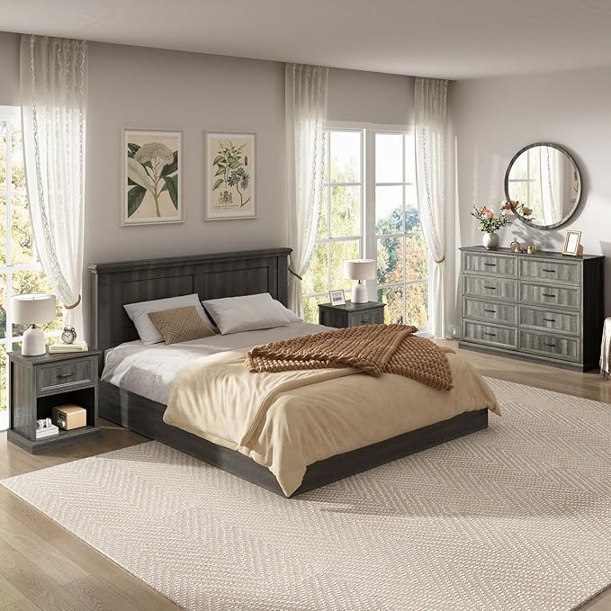 CARPETNAL Farmhouse Dresser and Nightstand Sets for Bedroom, 3 Pcs Bedroom Set, 8 Drawer Dresser & Nightstand Set of 2, Modern Wood Chest of Drawers for Bedroom, Living Room, Entryway, Grey