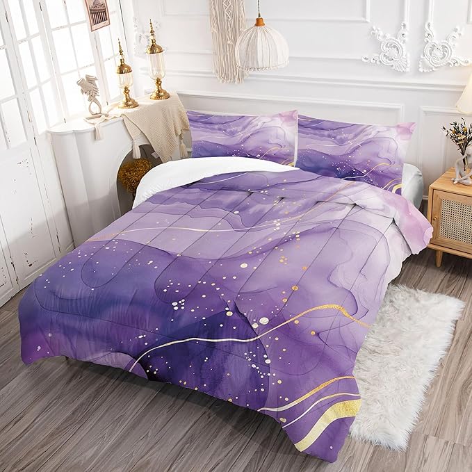 Purple Marble Comforter Set: Full Size Abstract Lavender Bedding Sets Luxury Gold Glitter Aesthetic Marbling Swirl Duvet Bed Set for Teen Girls Women Bedroom Decor 3 Piece