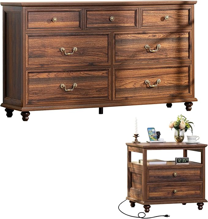 Farmhouse Dresser and Nightstand Sets, Wood 54" Wide Dresser & 24" Night Stand with Charging Station, 2 Piece Bedroom Furniture Set, Chest of Drawers for Bedroom, Home, Living Room, Hallway