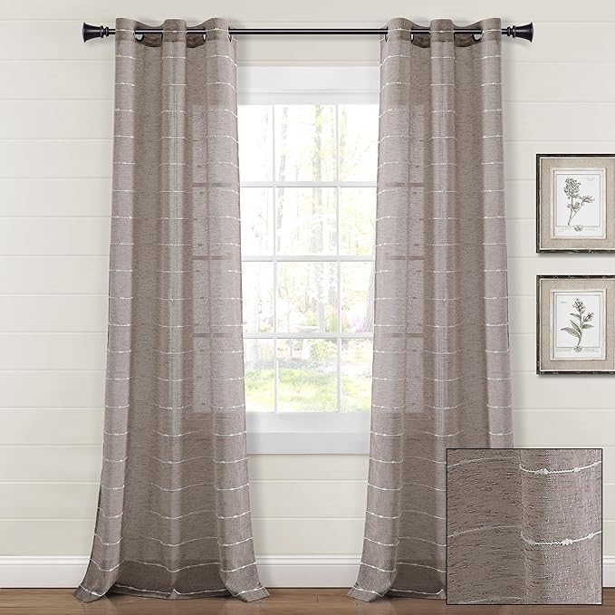 Lush Decor Farmhouse Textured Grommet Sheer Window Curtain Panel Pair, 38"W x 95"L, Brown