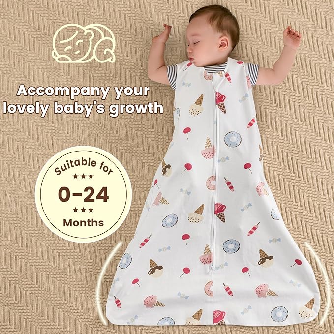 PHF Soft Baby Sleep Sack 18-24 Months 100% Organic Cotton Wearable Blanket, 2-Way Zipper 0.5 TOG Toddler Sleeping Sack 3 Pack, Comfy Sleep Bag for Baby Boys Girls, Ice Cream (X-Large)