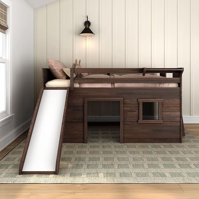 Max & Lily Loft Bed Twin Size, Solid Wood Low Loft Bed with Slide and Ladder, Modern Farmhouse Loft Bed for Kids, Barnwood Brown
