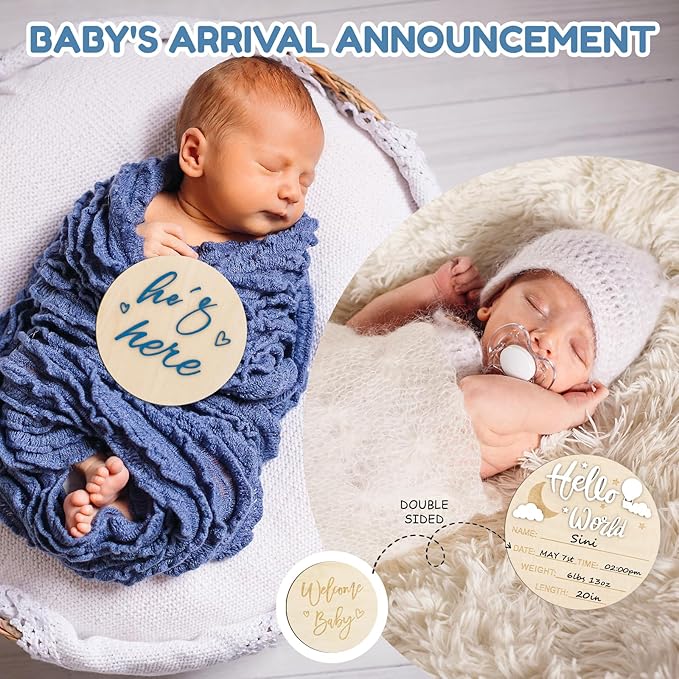 2PCS Hello World Newborn Sign and he's here, Gender Reveal Welcome baby Announcement Sign Board Wooden Birth Name Announcement Plaque and Pen for Baby Shower Photo Props Hospital Nursery