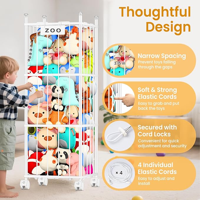 TomCare Extra Large Stuffed Animal Storage Metal Storage Organizer with 4 Lockable Wheels Space Saving Stuffed Animals Holder for Playroom Bedroom