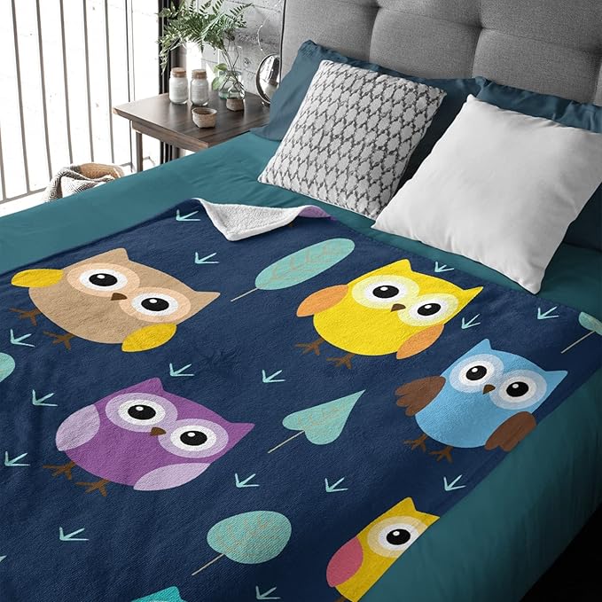 Thuswarm Cute Colorful Owl Flannel Blanket for Autumn Winter Gifts Warm Cozy Soft Funny Print Throw for Bed Couch Sofa 120”×90” Extra Large for Family