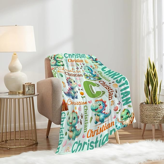 Personalized Custom Green Dinosaur Blanket Gifts for Kids Boys Girls with Name - Customized Green Dinosaur Super Soft Lightweight Flannel Sheets Decor for Crib Nap Couch - 90"x120" for Whole Family
