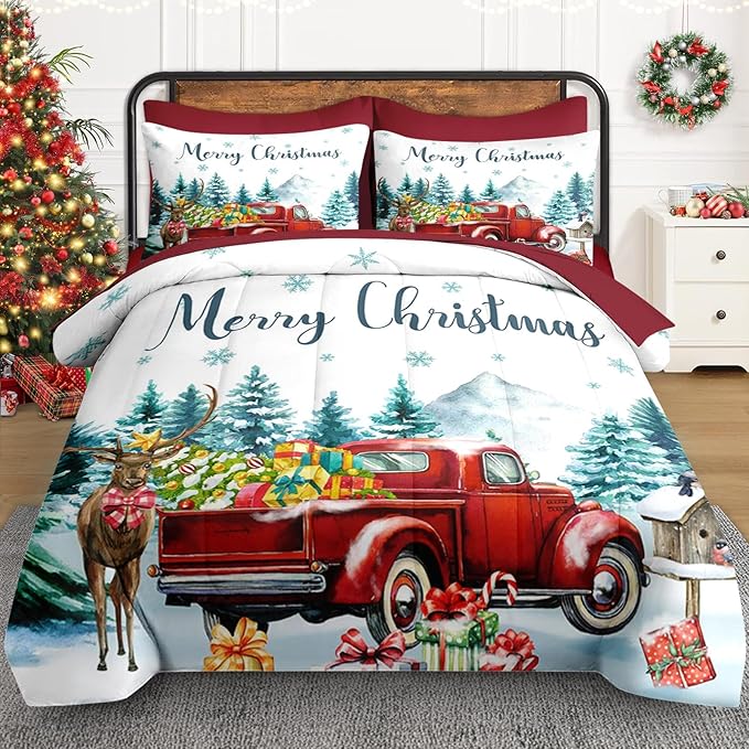 7 Pcs Queen Size Christmas Comforter Set with 2 Pillowcases & 2 Shams, Red Vintage Truck Elk Bedding for Kids and Adults, Winter Forest Bed in a Bag with Flat Fitted Sheet