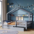 Aoowow Twin Size House Bed with Storage Drawers and Shelf,Kids Wooden Bed Frame Twin Platform Bed with Slats and Fence for Boys Girls Teens for Bedroom(Grey)