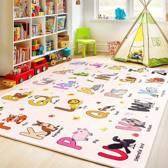 Kids Rugs for Playroom, 8x10 Ft Educational Rug for Learn The ABC Alphabet, Soft Machine Washable Non-Slip Cute Cartoon Animals Carpet for Classroom Toddler Nursery Kids Room Decor, Beige