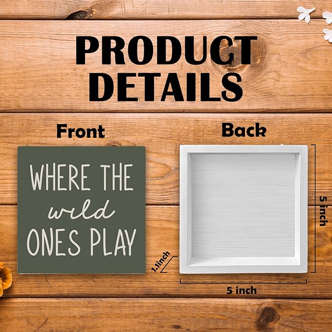 Where The Wild Ones Play Green Wood Box Sign Desk Decor 5X5, Nursery Kids Room Wooden Block Sign Decorations for Playroom Toddler Boys Girls Room Wall Tabletop Shelf Decor