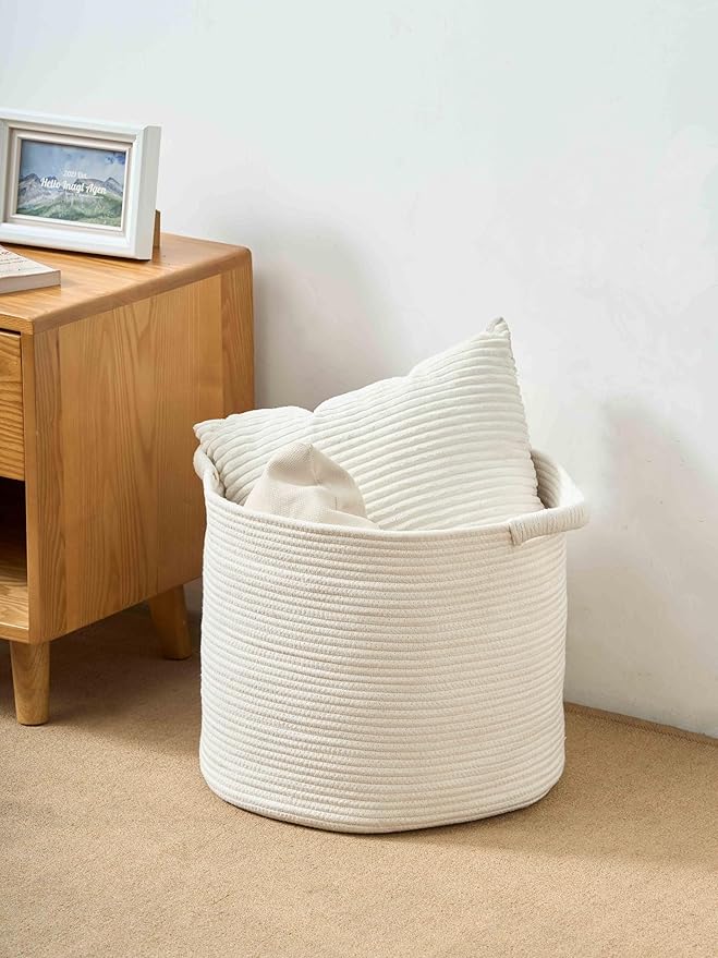 Blanket Basket - Woven Round Rope Storage Basket (16"Wx14"H) for Blankets & Throws, Small Laundry & Toy Organizer, Decorative Living Room & Bedroom Cotton Basket - White
