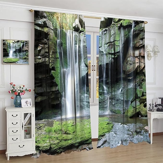Forest Waterfall Blackout Windows Curtains, Rocky Waterfall to Pond Running Off Scenic Nature Themed Picture Print Curtains, for Living Room Bedroom 52x84in 2 Panels