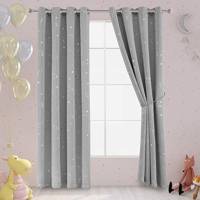 LORDTEX Dinosaur and Star Foil Print Blackout Curtains for Kids Room - Thermal Insulated Curtains Noise Reducing Window Drapes for Boys and Girls Bedroom, 52 x 108 Inch, Light Grey, Set of 2 Panels