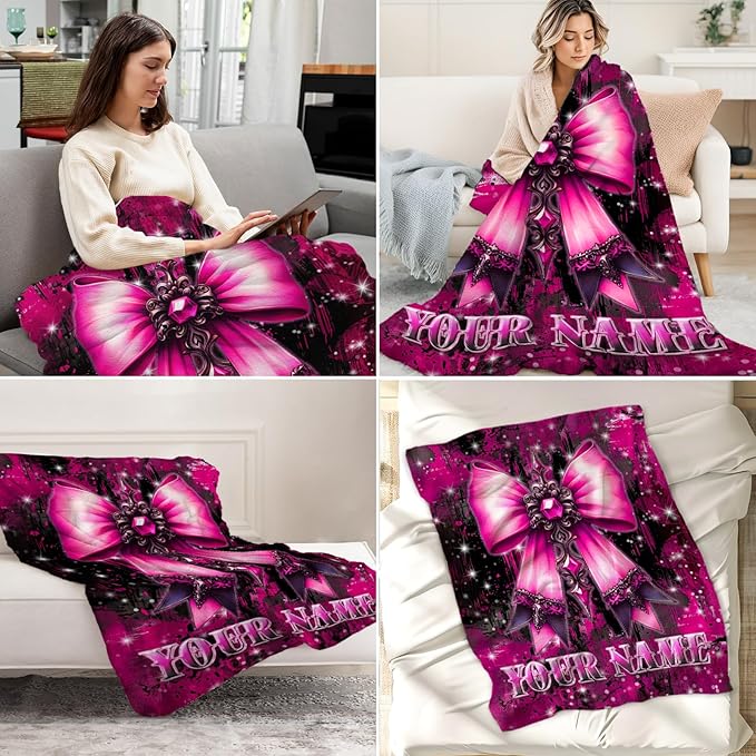 Personalized Girls Blanket - Personalized Bow Blankets for Kids, Teens - 50" x 60" Soft Fuzzy Pink Throw for Daughter