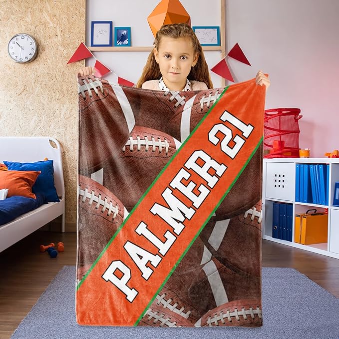 Personalized Football Baby Blanket Gifts: Custom Soft Flannel Fabric Blankets with Name Number for 0-6 Years Kids Boys Girls - Warm and Comfortable(40X50inch)