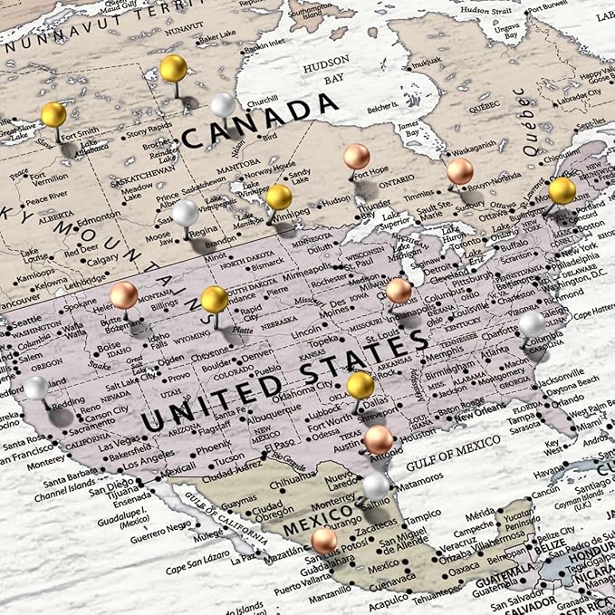 ElephantStock - Personalized Leave A Trail Iii Push Pin World Map Wall Art - Horizontal Canvas Wall Art - Living Room Wall Decor - Digital Art Map Canvas Art - White And Gray Decor - 12" x 8"