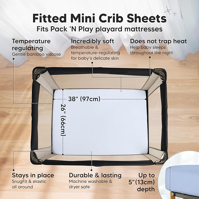 Pack and Play Sheets Fitted - 2-Pack Mini Crib Sheets for Pack N Play Mattress 38x26, Soft & Cozy, Neutral Toddler Playard Bedding, Snug Fitted Mini Baby Crib Mattress Cover Boy, Girl (Blue Flax)