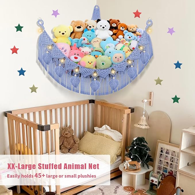 Stuffed Animal Hammock Corner, 56'' Jumbo Boho Macrame Leaf Wall Hanging Toy Hammock Net Organizer for Stuffy Plushie, Cornflower Blue Stuffed Animal Net w/Star Light for Kid Girls Boys Gift