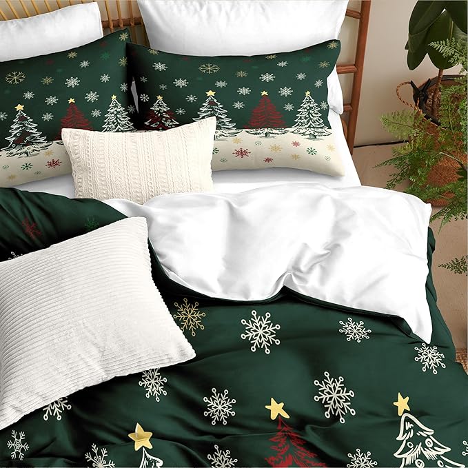 Christmas Duvet Cover King Size Green Christmas Tree Bedding Set 3 Pieces Kids Boys Girls Xmas Holiday Cartoon Snowflake Comforter Cover with Zipper Closure