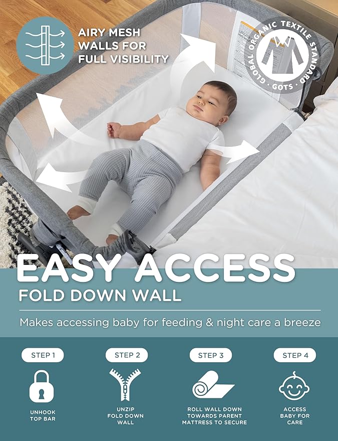 Baby Delight Beside Me Dreamer Bassinet | Bedside Sleeper | 6-Position Height Adjustment | Charcoal Tweed