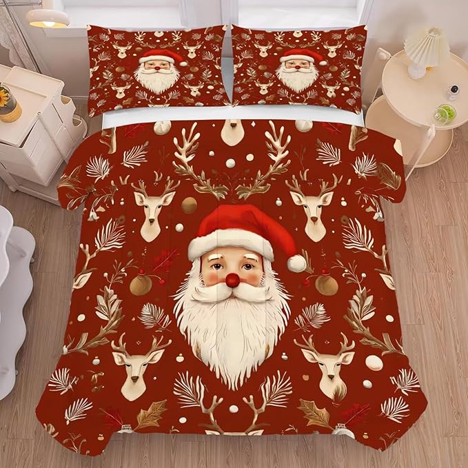 Red Christmas Comforter Set Twin Size Santa Claus Bedding for Kids Girls Women Xmas Reindeer Merry Christmas Bedroom Quilt Bed Sets, 1 Comforter 1 Pillowcase