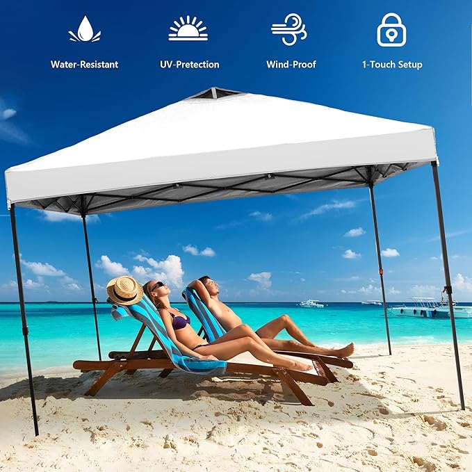 GDY 10x10 Pop Up Canopy Tent with 4 Sidewalls, Easy Set up with One Push Lift Outdoor Silver Coated Beach Gazebos, Carpas with 4 Sandbags, for Pool, Events, Parties, and Camping, White.