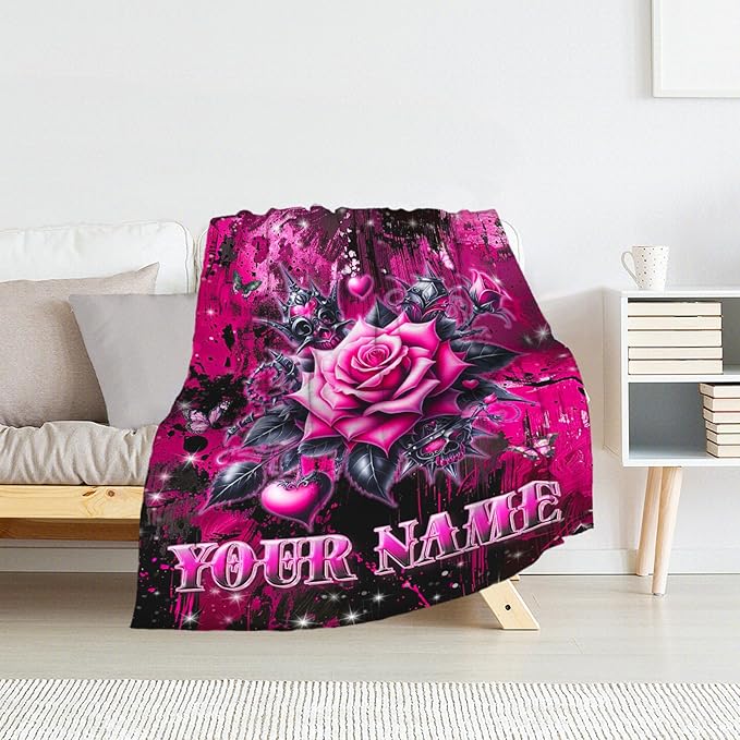 Personalized Rose Stylish Flower Blanket - Custom 50" x 60" Girls Throw Blankets for Women - Fluffy Plush Throws for Mom