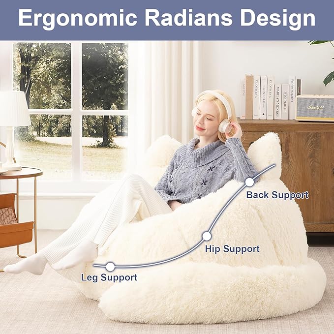 Bean Bag Chair for Adults Teens Giant Faux Fur Bean Bag Chairs with Filler Fluffy Plush Cat Shaped Beanbag Couch Comfy Accent Floor Sofa for Gaming, Reading in Living Room, Bedroom, Dorm