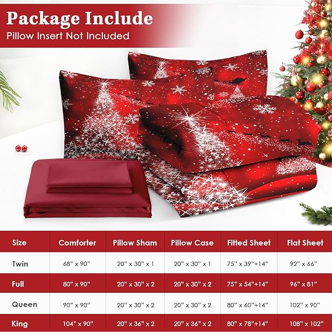 7 Pcs Queen Size Christmas Comforter Set with 2 Pillowcases & 2 Shams, Glitter Pine Tree Bedding for Kids and Adults, Winter Elegant Snowflake Bed in a Bag with Flat Fitted Sheet