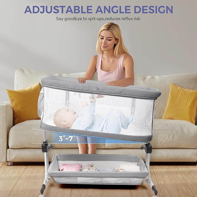 Baby Bassinet Bedside Sleeper, Upgraded Stability Bedside Crib with Full Mesh Sides, Soft Sheet, 6-Height Adjustment, Storage Basket, Easy Folding Portable Bassinet for Newborns, Gray